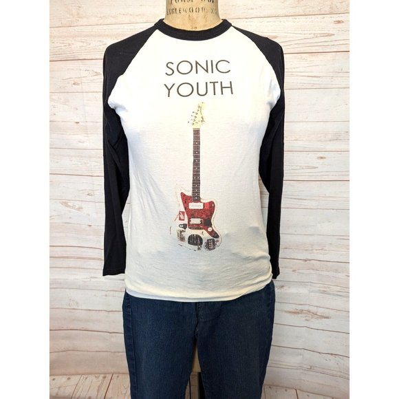 Sonic Youth Mens Tshirt Size Small S Baseball Raglan Black White Guitar - Picture 3 of 7